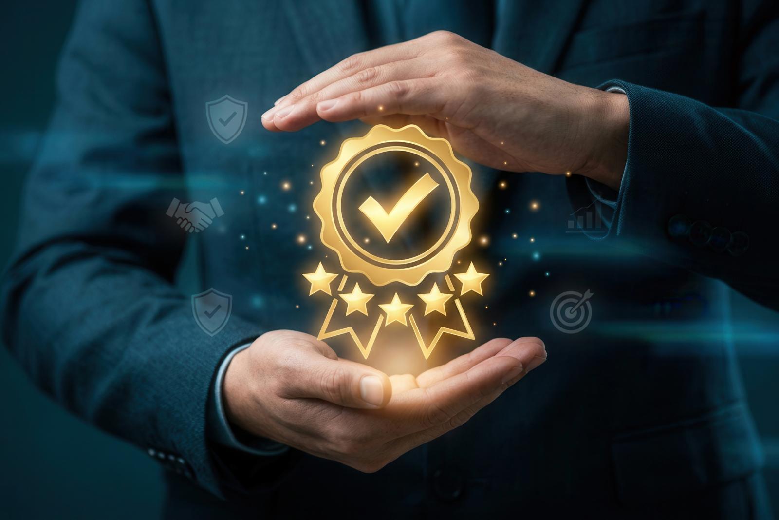 person holding an illustrated badge with stars symbolizing a credential